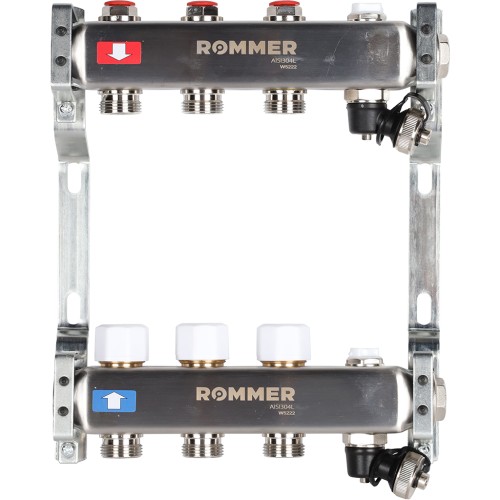 ROMMER RMS-3201-000003 ROMMER Коллектор из нержавеющей стали без расходомеров, с клапаном вып. воздуха и сливом 3 вых