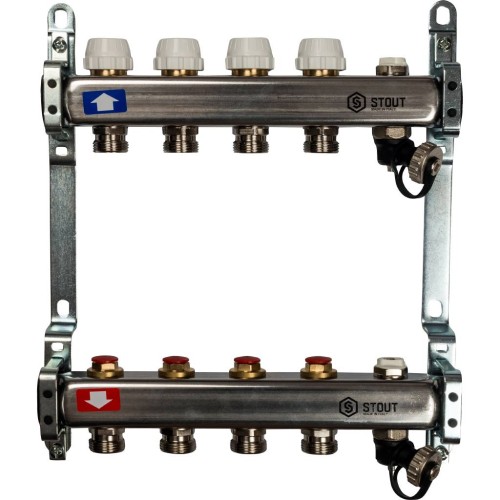 STOUT Коллектор из нержавеющей стали без расходомеров, с клапаном вып. воздуха и сливом 4 вых