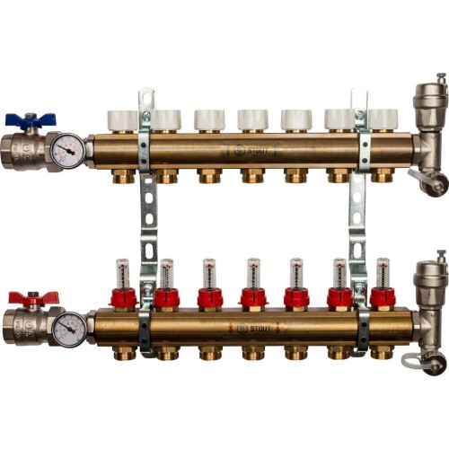 STOUT Распределительный коллектор из латуни с расходомерами 7 вых