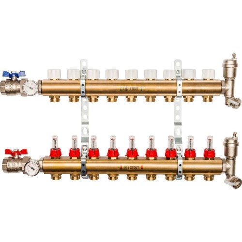 STOUT Распределительный коллектор из латуни с расходомерами 9 вых